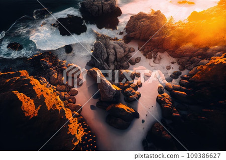 Sea rocky reefs shore with blue waves, top down aerial view 109386627