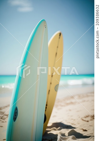 Surfboards on the beach. Generative Ai 109386632