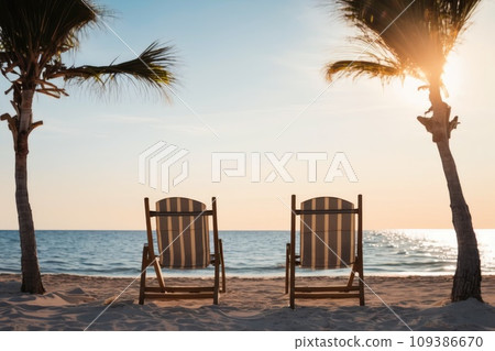 Sunbeds on the beach. Blue sea and white sand. Generative Ai 109386670