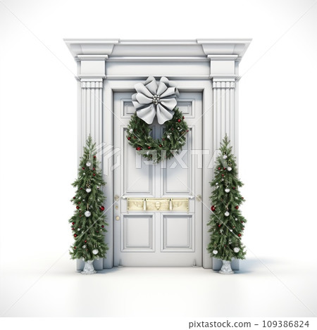 A wooden door decorated for Christmas isolated on white background. A wooden door decorated for Christmas isolated on white background. 109386824
