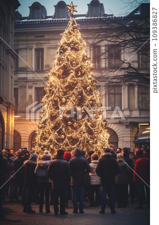 Christmas tree and people. Miniature of the old town during the holidays. City model 109386827
