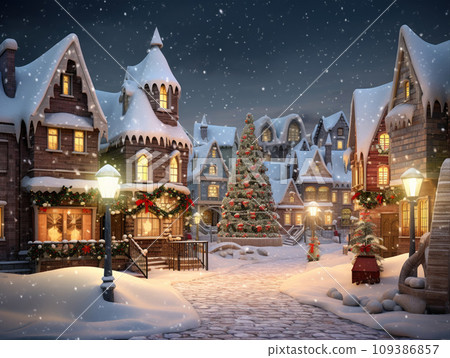 Street in a Christmas night in an old town 109386857