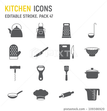 Kitchen glyph icon set, culinary collection, vector graphics, logo illustrations, kitchen vector icons, cooking signs, solid pictograms, editable stroke Kitchen glyph icon set, culinary collection, vector graphics, logo illustrations, kitchen vector icons, cooking signs, solid pictograms, editable stroke 109386920