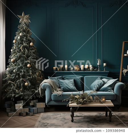 Christmas tree with lights in the vintage luxury living room. Christmas tree with lights in the vintage luxury living room. 109386948