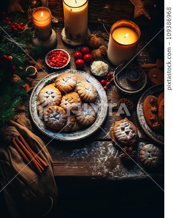 Tasty homemade Christmas cookies on a table, top view. Gingerbread with powdered sugar on a plate. 109386968