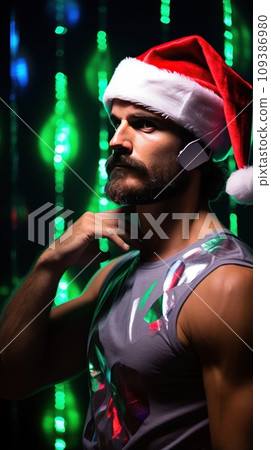 A muscular man in a Christmas hat and sunglasses. Festive lights and sparkles at the backgrounds 109386980