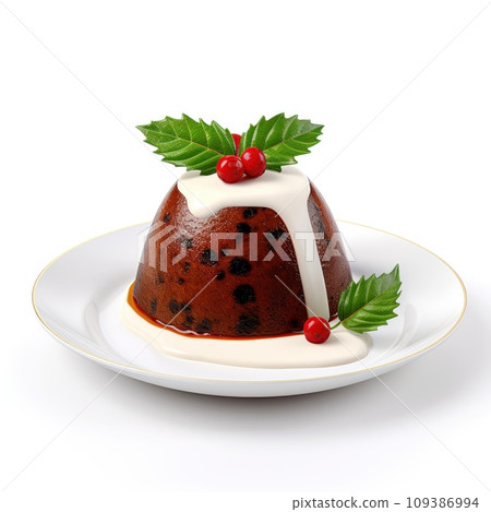 Christmas Pudding With a Sprig Of Holly Isolated On A White Background. Christmas Pudding With a Sprig Of Holly Isolated On A White Background. 109386994