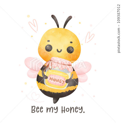 Cute baby bee with honey jar watercolor cartoon character hand painting illustration vector. 109387012