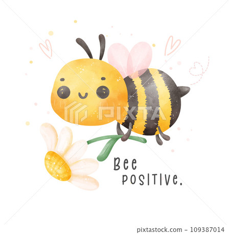 Cute baby bee flying and flower watercolor cartoon character hand painting illustration vector. Bee positive. Cute baby bee flying and flower watercolor cartoon character hand painting illustration vector. Bee positive. 109387014