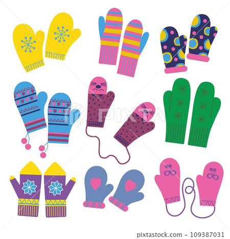 A set of winter children s mittens. Hello winter. Flat vector illustration. Design elements A set of winter children s mittens. Hello winter. Flat vector illustration. Design elements 109387031