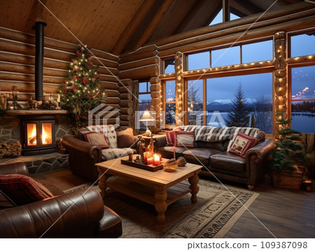 Log house decorated for Christmas. Cozy interior Log house decorated for Christmas. Cozy interior 109387098
