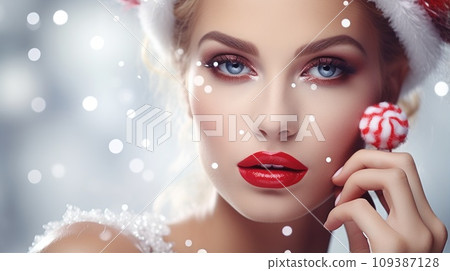 Beautiful young woman holding a festive candy. Christmas makeup. 109387128