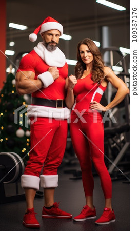 Santa Claus fitness trainers. A muscular man and woman in a gym 109387176