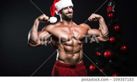 Santa Claus fitness trainer. A muscular man in a gym Santa Claus fitness trainer. A muscular man in a gym 109387183