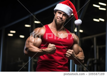 Santa Claus fitness trainer. A muscular man in a gym 109387189