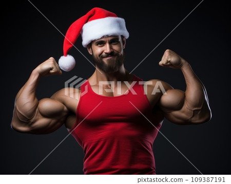 Santa Claus fitness trainer. A muscular man in a gym Santa Claus fitness trainer. A muscular man in a gym 109387191