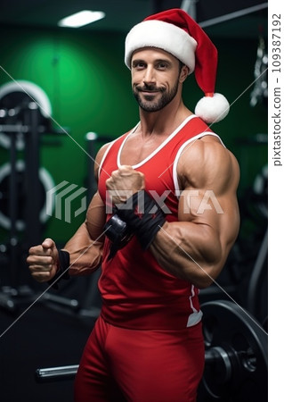 Santa Claus fitness trainer. A muscular man in a gym Santa Claus fitness trainer. A muscular man in a gym 109387192