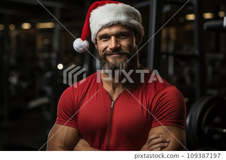 Santa Claus fitness trainer. A muscular man in a gym 109387197