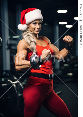 Female Santa Claus fitness trainer. A muscular man in a gym Female Santa Claus fitness trainer. A muscular man in a gym 109387203