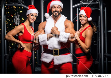 Santa Claus fitness trainers. A muscular man and two women in a gym 109387213
