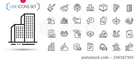 Pack of Open door, Palette and Lighthouse line icons. Include Canister, Builders union, Technical documentation pictogram icons. Radiator, University campus, Delivery box signs. Vector 109387305