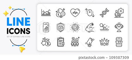 Job, Strong arm and Skin moisture line icons set for app include Star, Smartphone broken, Graph phone outline thin icon. Scroll down, Vitamin e, Crown pictogram icon. Chemistry dna, Dice, Loan. Vector 109387309