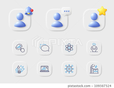 Framework, Talk bubble and Chemistry atom line icons. Placeholder with 3d star, reminder bell, chat. Pack of Difficult stress, Graph chart, Graph laptop icon. Vector Framework, Talk bubble and Chemistry atom line icons. Placeholder with 3d star, reminder bell, chat. Pack of Difficult stress, Graph chart, Graph laptop icon. Vector 109387324