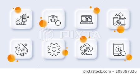 Iodine mineral, Recovery photo and Graph laptop line icons pack. 3d glass buttons with blurred circles. 5g internet, Service, Co2 gas web icon. Podcast, Swipe up pictogram. Vector Iodine mineral, Recovery photo and Graph laptop line icons pack. 3d glass buttons with blurred circles. 5g internet, Service, Co2 gas web icon. Podcast, Swipe up pictogram. Vector 109387326