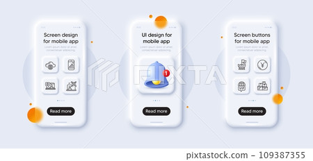 Shield, Wholesale goods and Graph phone line icons pack. 3d phone mockups with bell alert. Glass smartphone screen. Qr code, Medical help, Vip internet web icon. Vector Shield, Wholesale goods and Graph phone line icons pack. 3d phone mockups with bell alert. Glass smartphone screen. Qr code, Medical help, Vip internet web icon. Vector 109387355