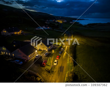 Aerial night view of Glencolumbkille in County Donegal, Republic of Irleand 109387362