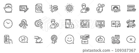 Icons pack as Support, Teapot and Marketplace line icons for app include Fraud, Photo edit, Food delivery outline thin icon web set. Positive feedback, Reject, Winner star pictogram. Vector 109387367