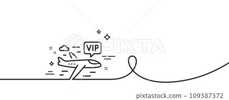 Vip flight line icon. Continuous one line with curl. Very important person airplane sign. Charter plane symbol. Vip flight single outline ribbon. Loop curve pattern. Vector 109387372