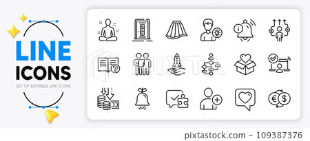Yoga, Business way and Heart line icons set for app include Donation, Person idea, Money exchange outline thin icon. Deflation, Bell, Help pictogram icon. Information bell, Online access, Door. Vector 109387376