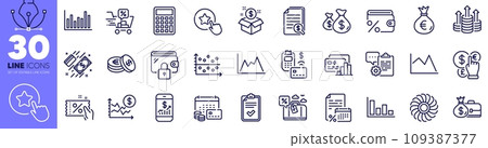 Checklist, Card and Coins bags line icons pack. Bar diagram, Pos terminal, Dollar rate web icon. Mobile finance, Money calendar, Loyalty star pictogram. Travel loan, Money currency. Vector 109387377
