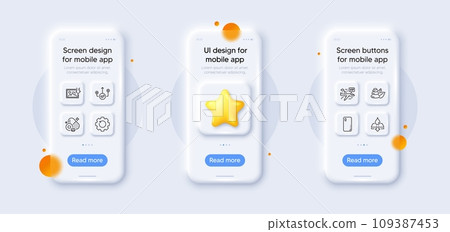 Recovery gear, Spa stones and Correct way line icons pack. 3d phone mockups with star. Glass smartphone screen. Chlorine mineral, Download photo, Smartphone cover web icon. Vector 109387453
