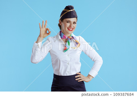 happy elegant flight attendant woman on blue showing ok gesture 109387684