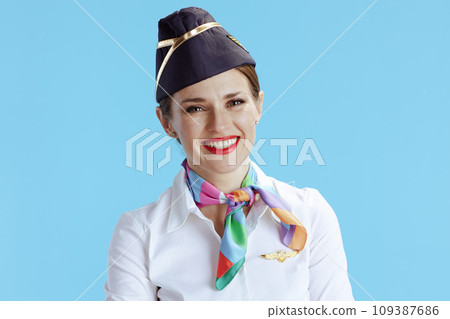 happy modern flight attendant woman on blue 109387686