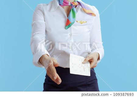 Modern air hostess woman on blue giving hand for handshake 109387693