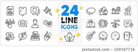 Icons set of 24 hours, Guitar and Jazz line icons pack for app with Copyright chat, Smartphone sms, Video conference thin outline icon. Puzzle, Paint roller, Empower pictogram. Vector 109387716