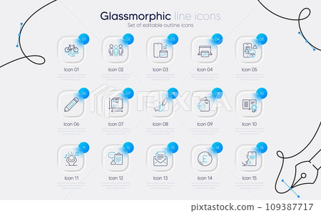 Set of Mail correspondence, Bike and Paint brush line icons for web app. Diploma, Calendar, Verification document icons. Pencil, Box size, Pound money signs. Voicemail, Group, Cyber attack. Vector 109387717