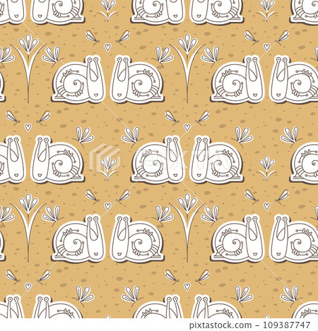 Seamless pattern with cute funny snails, dragonflies, hearts, flowers in doodle style Seamless pattern with cute funny snails, dragonflies, hearts, flowers in doodle style 109387747