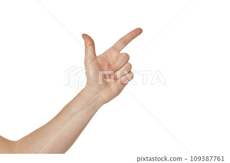 male hand pointing to the right with the index finger on white background 109387761