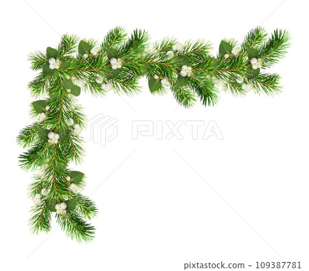 Green Christmas pine twigs and snowberries in a festive corner arrangement isolated on white 109387781