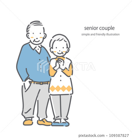 A smiling senior couple in their 70s and 80s. Simple and stylish line drawing illustration. 109387827