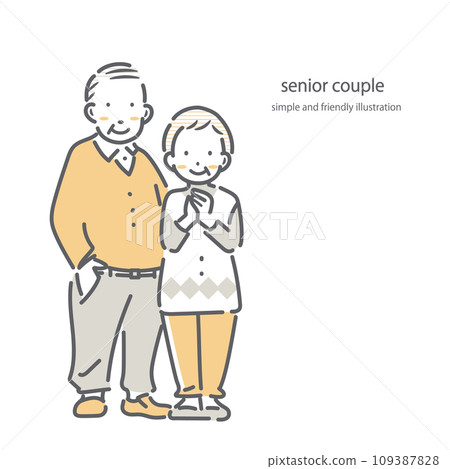 A smiling senior couple in their 70s and 80s. Simple and stylish line drawing illustration. 109387828