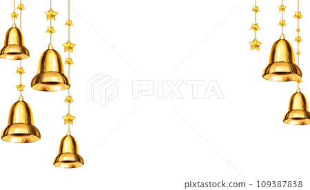 watercolor illustration of Christmas tree toys with shiny gold bells, stars, garlands of gold glitter beads, frame with Christmas decoration isolated on white background 109387838