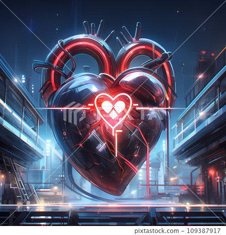Cyberpunk Retro Futuristic Heart with Neon Lights Cyberpunk Retro Futuristic Heart with Neon Lights 109387917