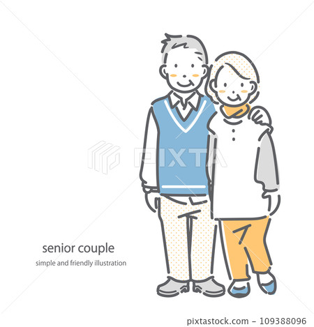 A smiling senior couple in their 60s and 70s. Simple and stylish line drawing illustration. 109388096
