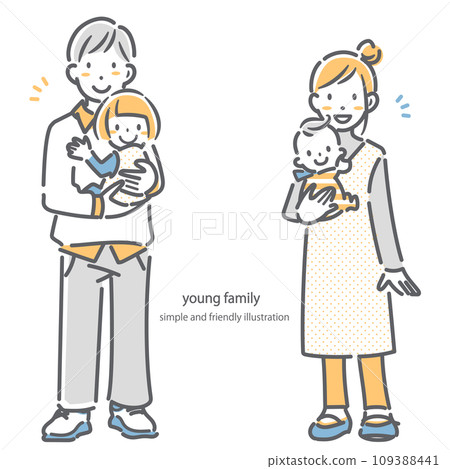 一對有兩個孩子的年輕夫婦家庭 — 簡單時尚的線條畫插圖 109388441