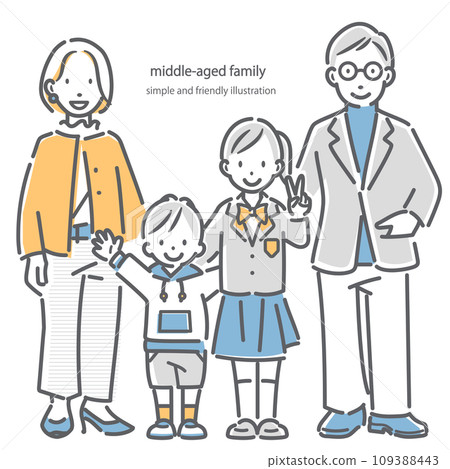 Middle-aged couple family with two children - simple and stylish line drawing illustration 109388443